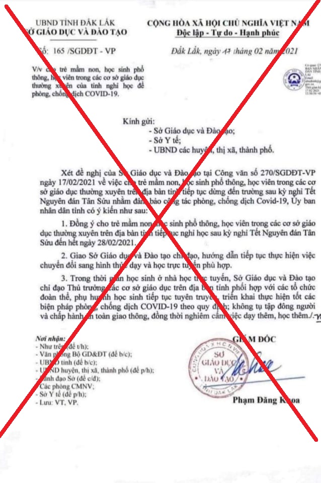 Văn bản đề nghị cho học sinh toàn tỉnh được nghỉ học đến ngày 28/02 là giả 